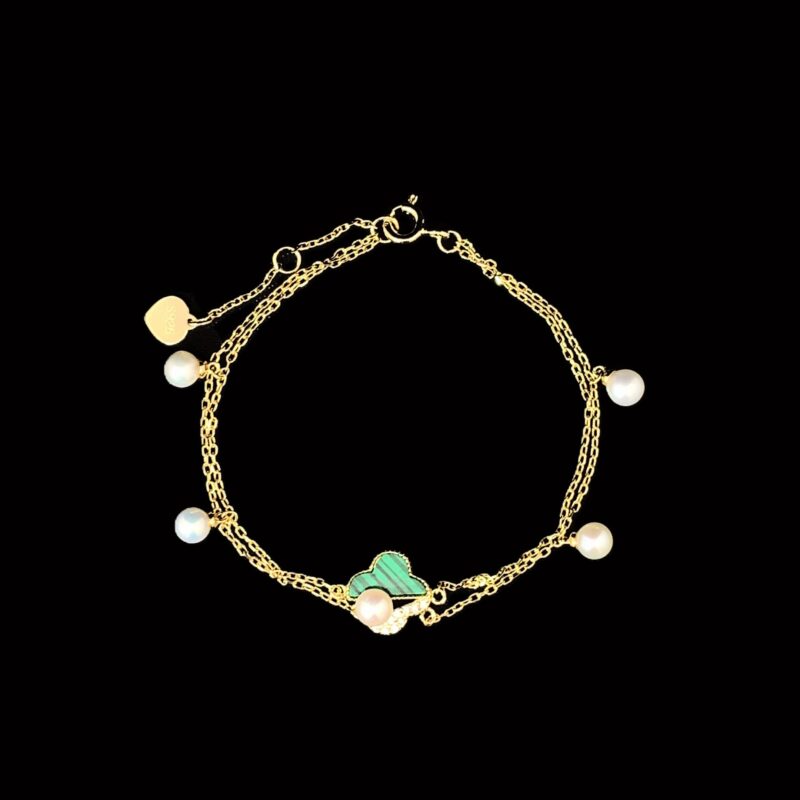 Malachite Zircon Clover Charm Bracelet - Gold