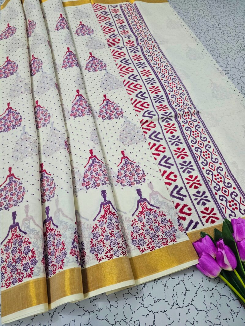 Printed work Kerala cotton sarees - Image 4