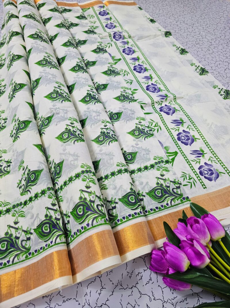 Printed work Kerala cotton sarees - Image 7